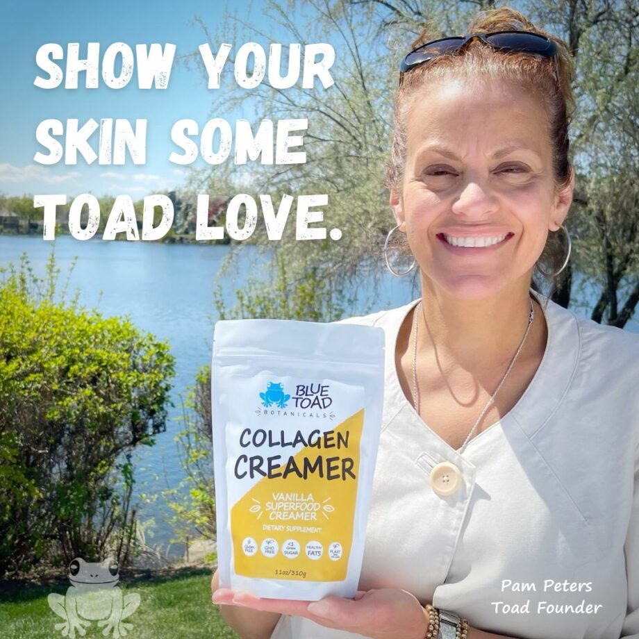 Woman holding collagen creamer bag smiling